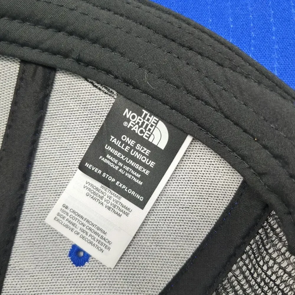 The North Face Trucker Hat Blue One Size Pierce Logo Mesh Snapback Black Cap